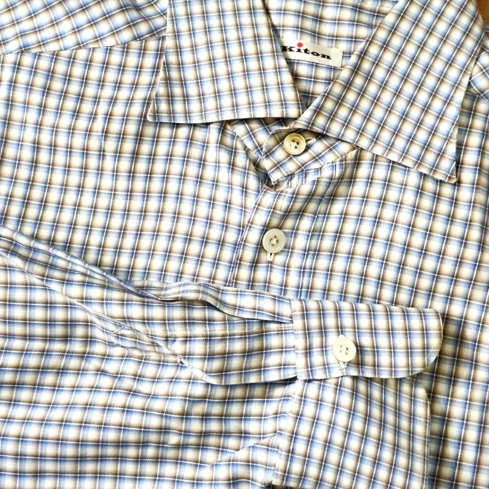 Kiton Men's Blue and Tan Check Button-Down Shirt